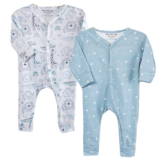 Cotton Sleepsuits- Grey Animals & Grey Sky- Pack of 2