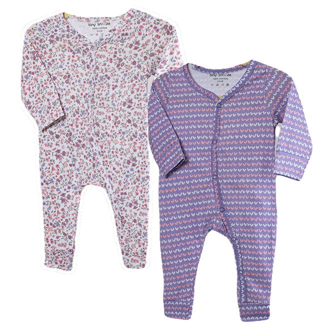 Cotton Sleepsuits- Blossom & Purple Hearts- Pack of 2