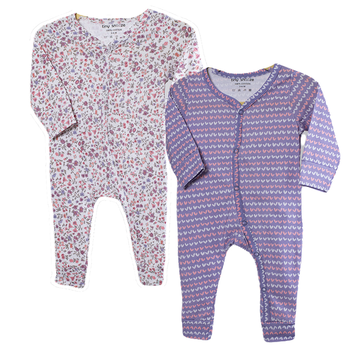 Cotton Sleepsuits- Blossom & Purple Hearts- Pack of 2