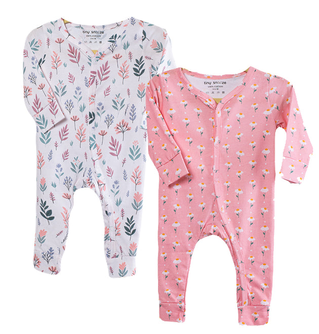 Cotton Sleepsuits- Pastel Leaves & Dandelions- Pack of 2