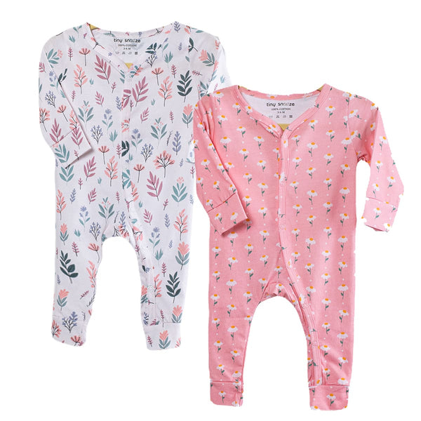 Cotton Sleepsuits- Pastel Leaves & Dandelions- Pack of 2