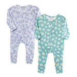 Cotton Sleepsuits- Green & Purple Flowers- Pack of 2