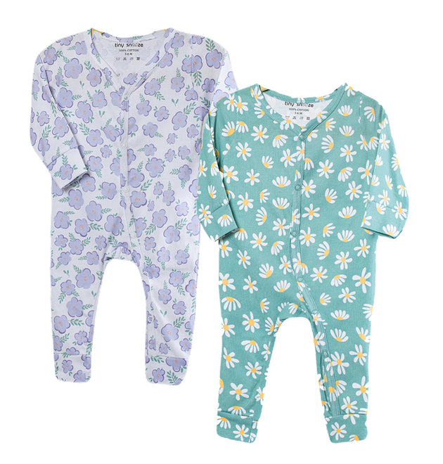 Cotton Sleepsuits- Green & Purple Flowers- Pack of 2