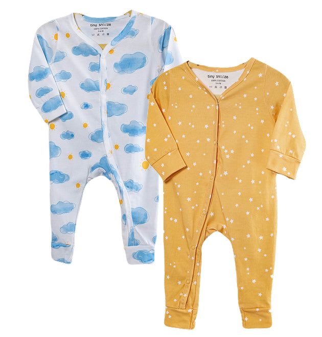 Cotton Sleepsuits- Sun Clouds & Yellow Sky- Pack of 2