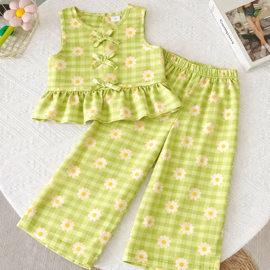 Girls Co-Ord Set with Pants- Green Ghingham