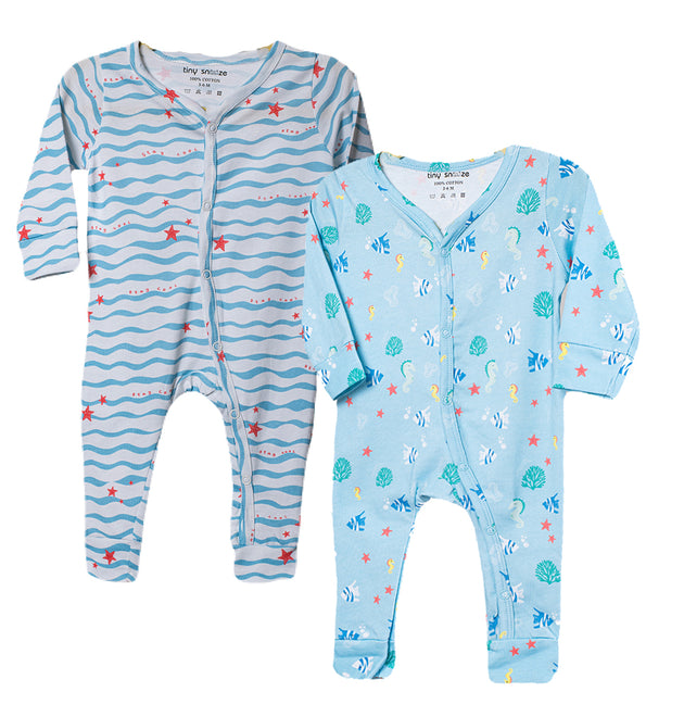 Cotton Sleepsuits- Waves & Underwater- Pack of 2