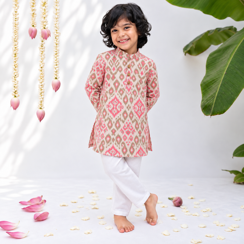 Boys Kurta Set- Pink Ikkat