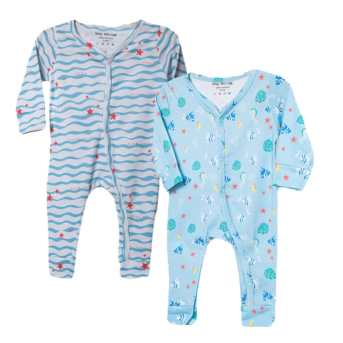 Cotton Sleepsuits- Waves & Underwater- Pack of 2