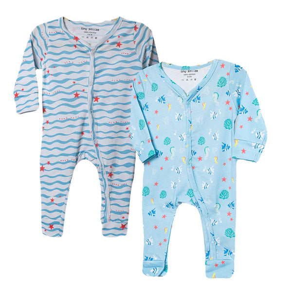 Cotton Sleepsuits- Waves & Underwater- Pack of 2