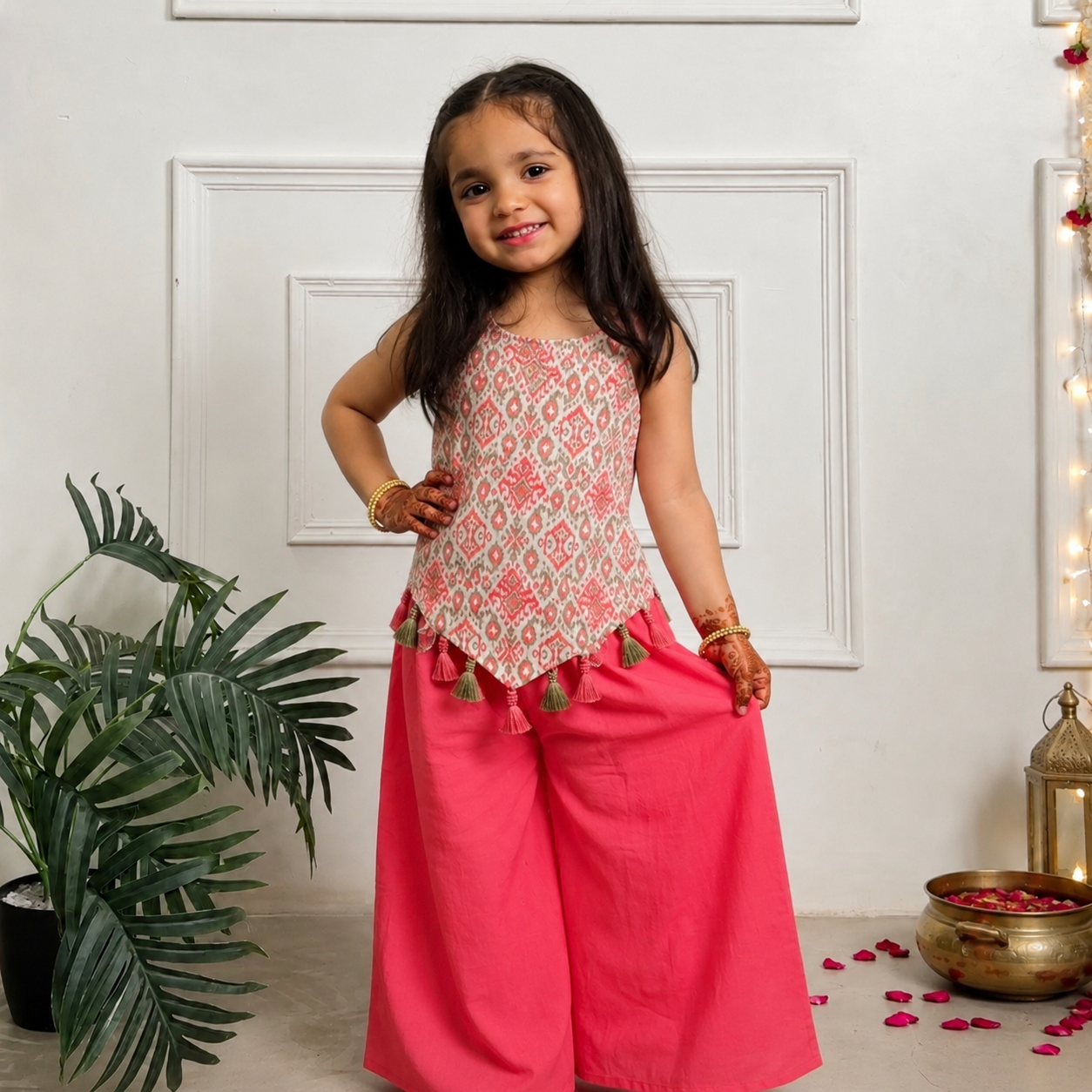 Girls Palazzo Set- Pink Ikkat
