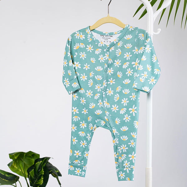Cotton Sleepsuits- Green & Purple Flowers- Pack of 2