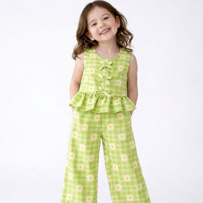 Girls Co-Ord Set with Pants- Green Ghingham