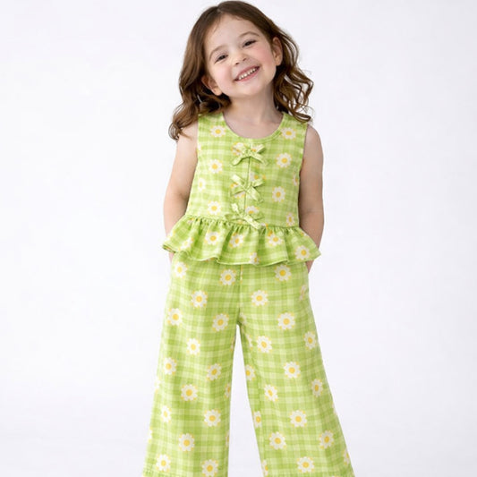 Girls Co-Ord Set with Pants- Green Ghingham