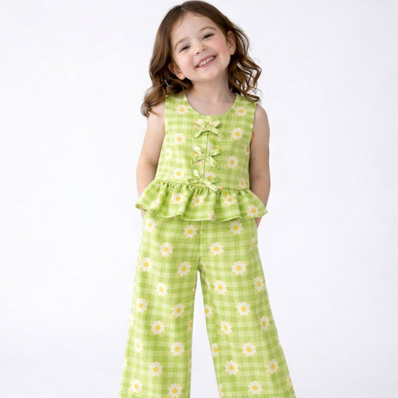 Girls Co-Ord Set with Pants- Green Ghingham