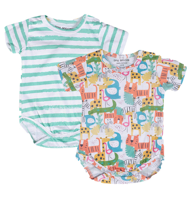 Cotton Bodysuits- Colorful Animals & Green Stipes- Pack of 2