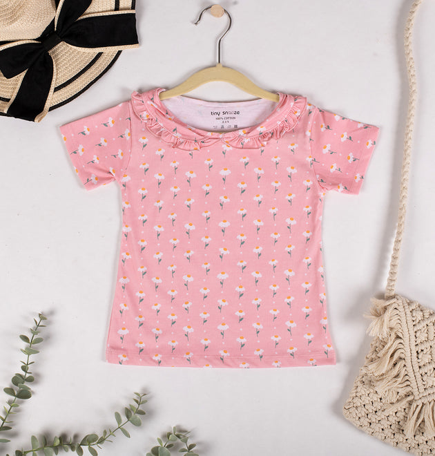 Girls Cotton Half-Sleeve Top- Pastel Leaves & Dandelions- Pack of 2