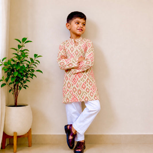Boys Kurta Set- Pink Ikkat