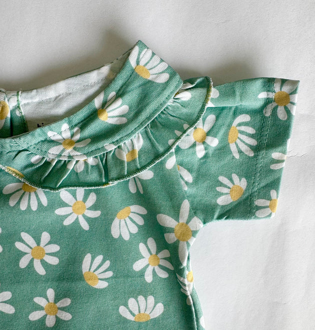 Girls Cotton Half-Sleeve Top- Green Flowers