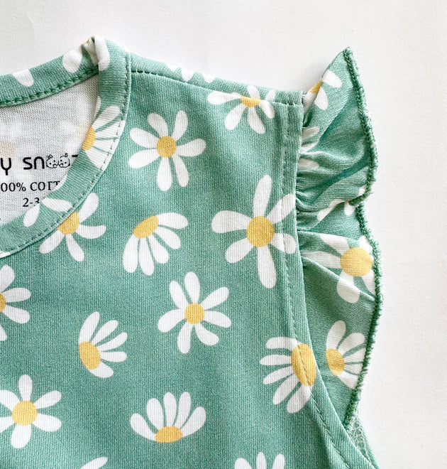 Girls Cotton Frock- Green Flowers