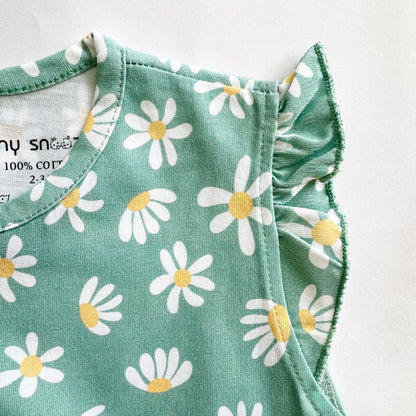 Girls Cotton Frock- Green Flowers
