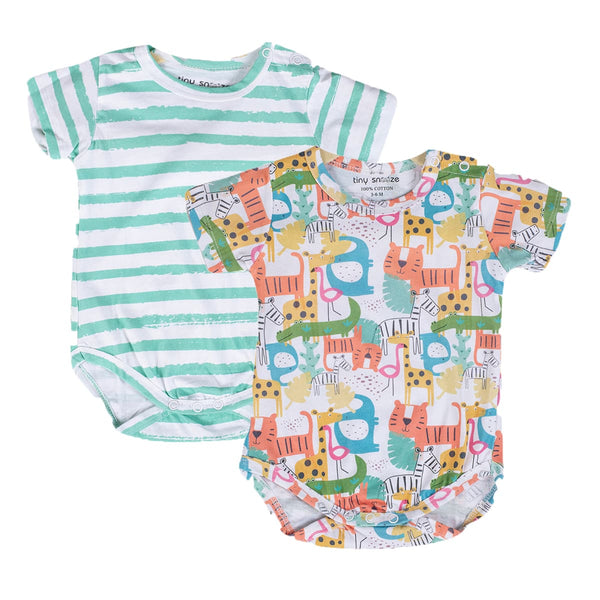 Cotton Bodysuits- Colorful Animals & Green Stipes- Pack of 2