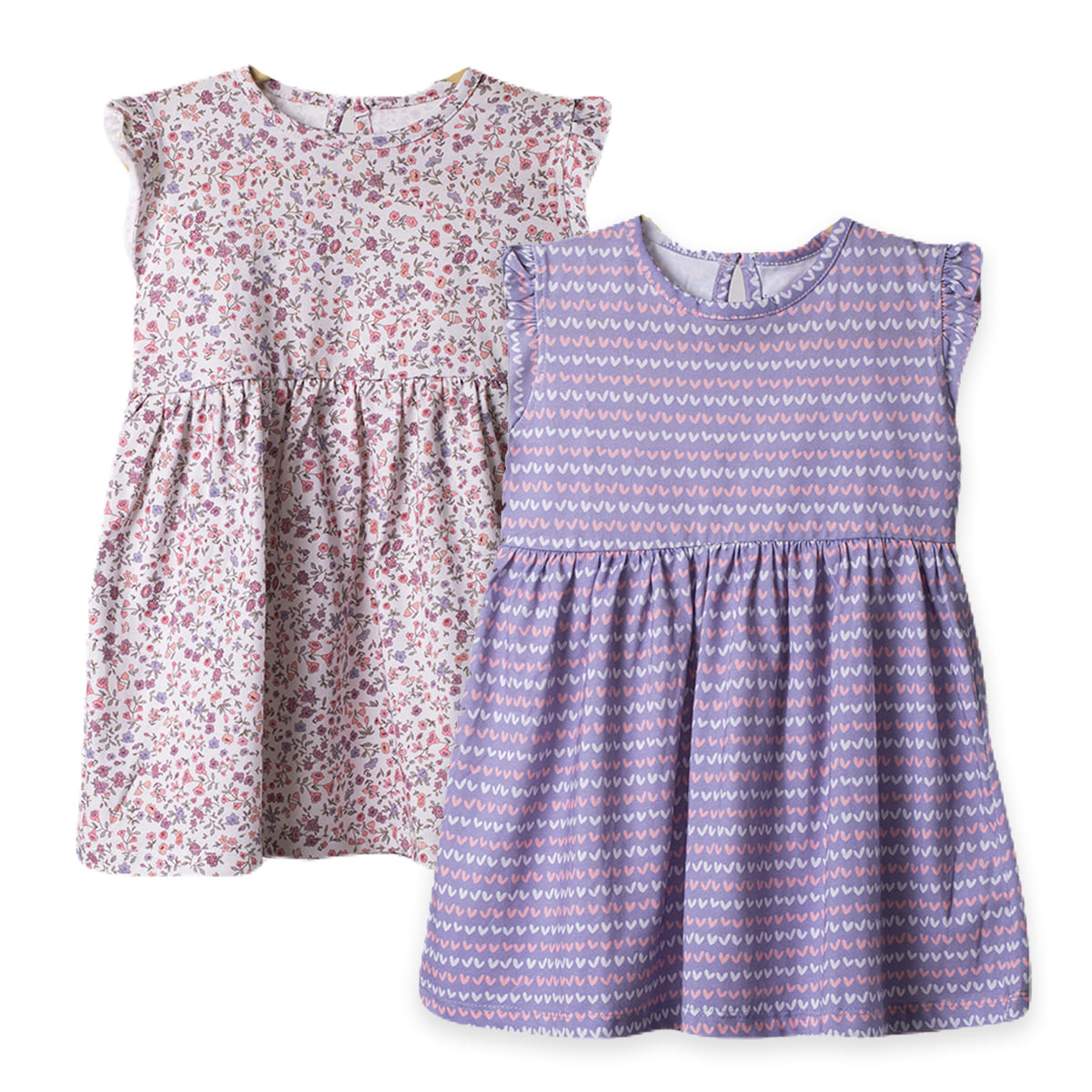 Girls Cotton Frock- Blossom & Purple Hearts- Pack of 2