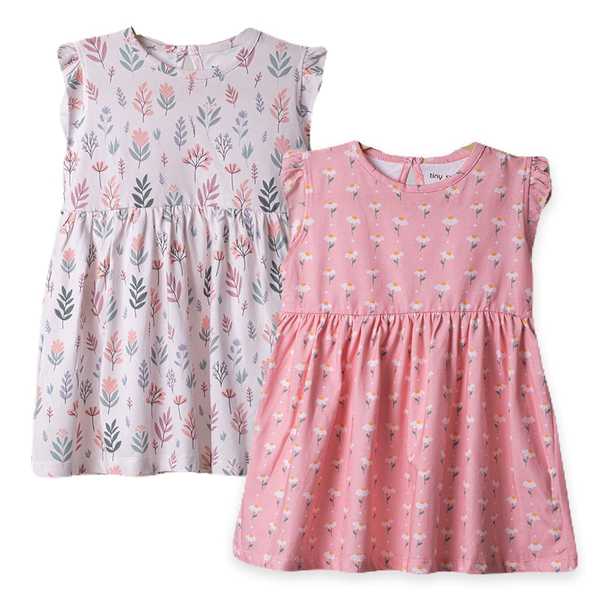 Girls Cotton Frock- Pastel Leaves & Dandelions- Pack of 2