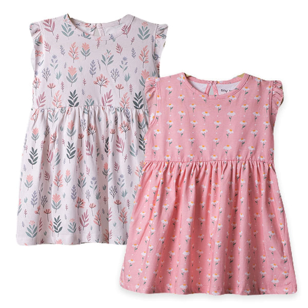 Girls Cotton Frock- Pastel Leaves & Dandelions- Pack of 2