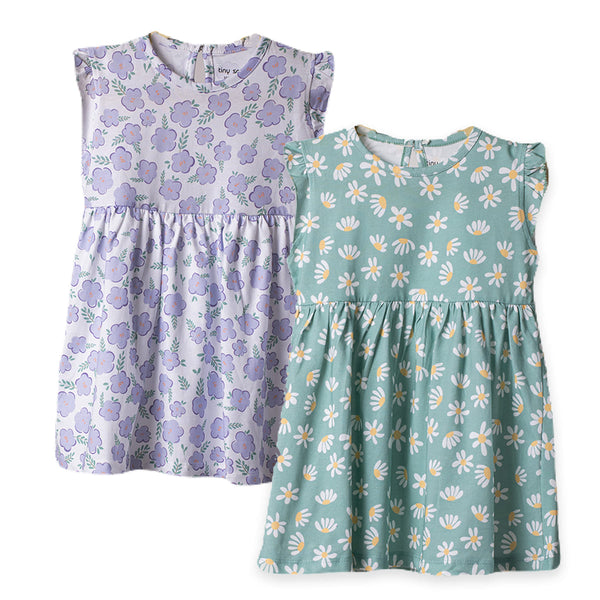 Girls Cotton Frock- Green & Purple Flowers- Pack of 2