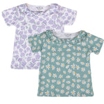 Girls Cotton Half-Sleeve Top- Green & Purple Flowers- Pack of 2