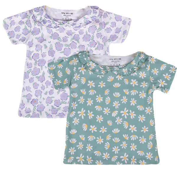 Girls Cotton Half-Sleeve Top- Green & Purple Flowers- Pack of 2