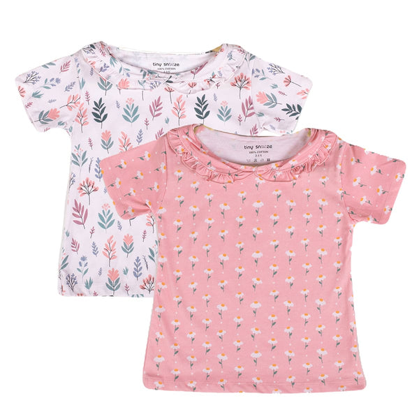 Girls Cotton Half-Sleeve Top- Pastel Leaves & Dandelions- Pack of 2