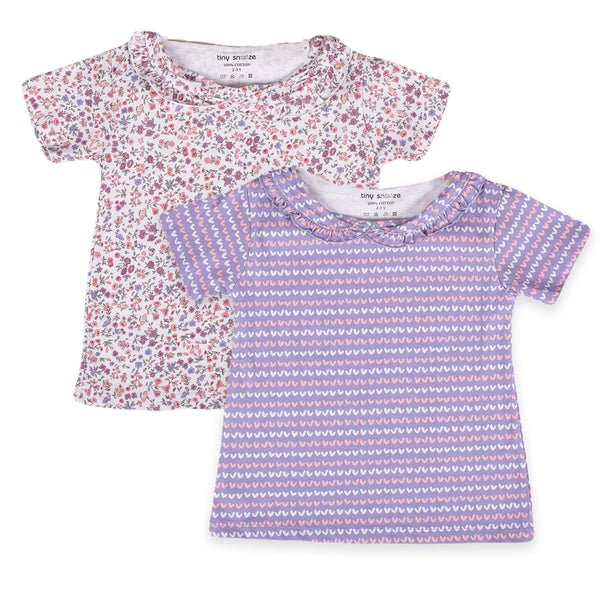 Girls Cotton Half-Sleeve Top- Blossom & Purple Hearts- Pack of 2