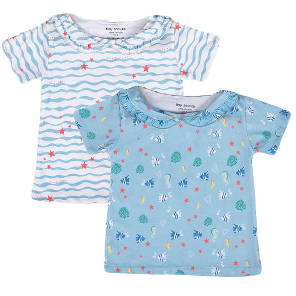 Girls Cotton Half-Sleeve Top- Waves & Underwater- Pack of 2
