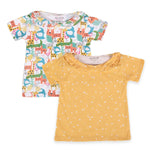 Girls Cotton Half-Sleeve Top- Colorful Animals & Yellow Sky- Pack of 2
