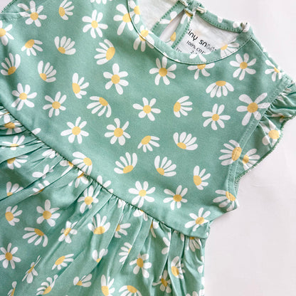 Girls Cotton Frock- Green Flowers