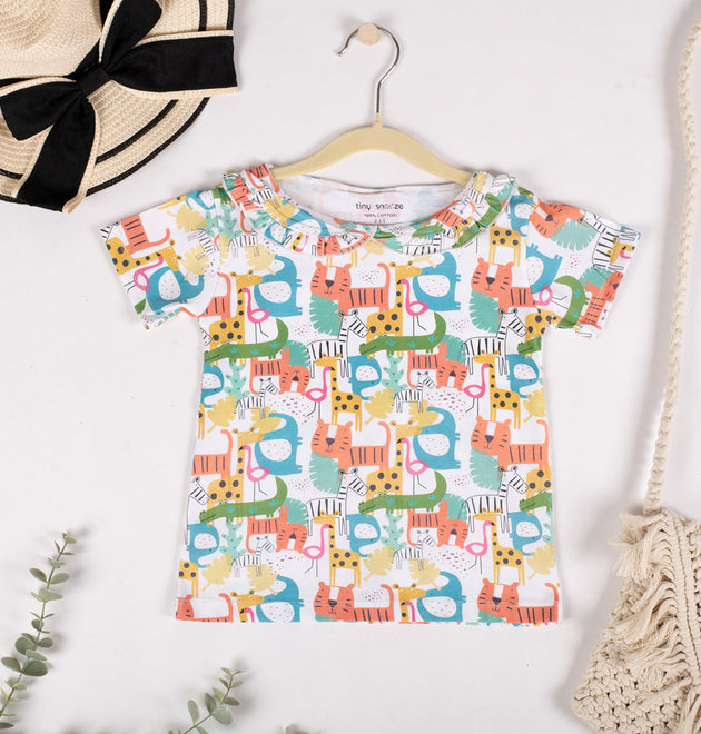 Girls Cotton Half-Sleeve Top- Colorful Animals & Yellow Sky- Pack of 2