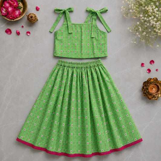 Girls Lehenga Set- Green Bandhani