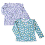 Girls Cotton Full-Sleeve Top- Green & Purple Flowers- Pack of 2