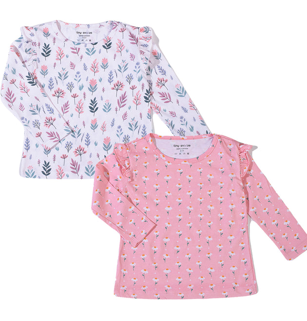 Girls Cotton Full-Sleeve Top- Pastel Leaves & Dandelions- Pack of 2