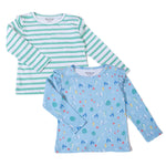 Girls Cotton Full-Sleeve Top- Green Stripes & Underwater- Pack of 2