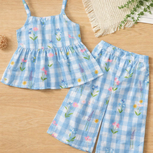 Girls Co-Ord Set with Pants- Blue Ghingham