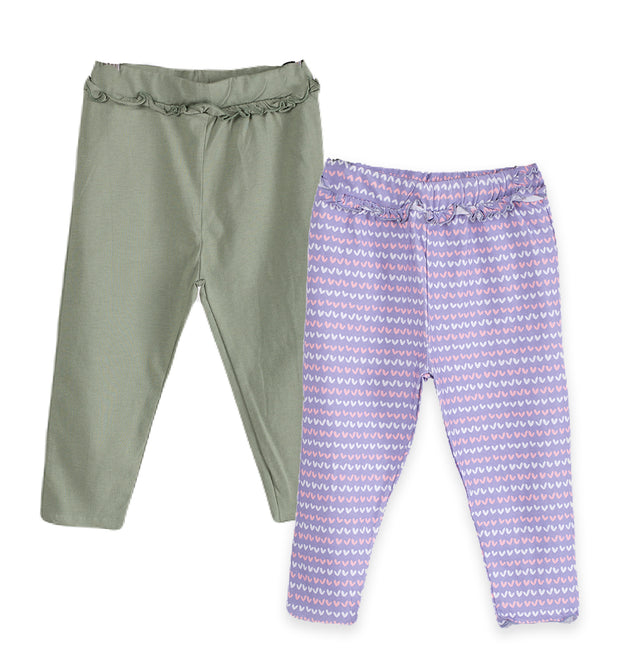 Girls Cotton Leggings- Purple Hearts & Olive Green- Pack of 2