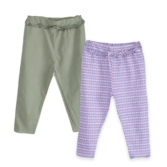 Girls Cotton Leggings- Purple Hearts & Olive Green- Pack of 2