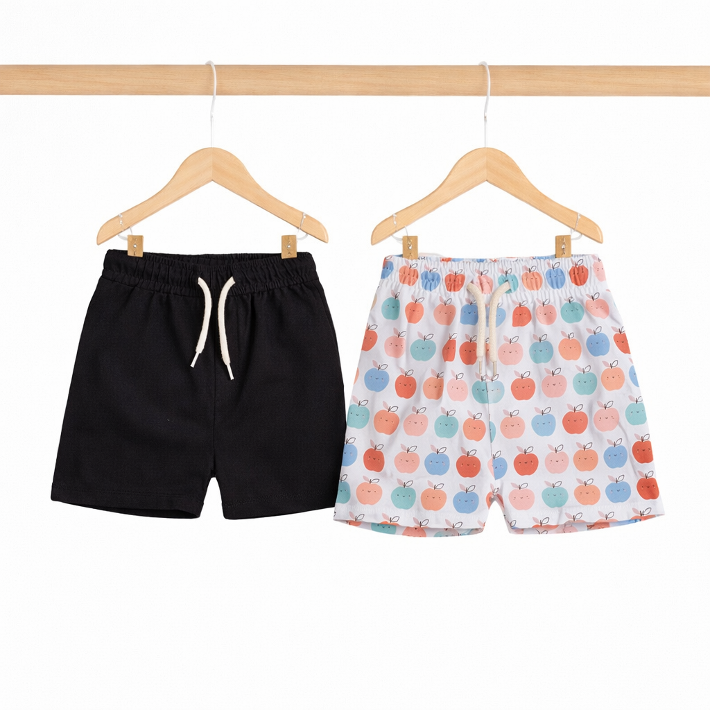 Boys Shorts- Apples & Solid Black- Pack of 2