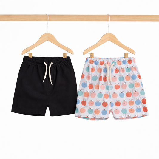 Boys Shorts- Apples & Solid Black- Pack of 2