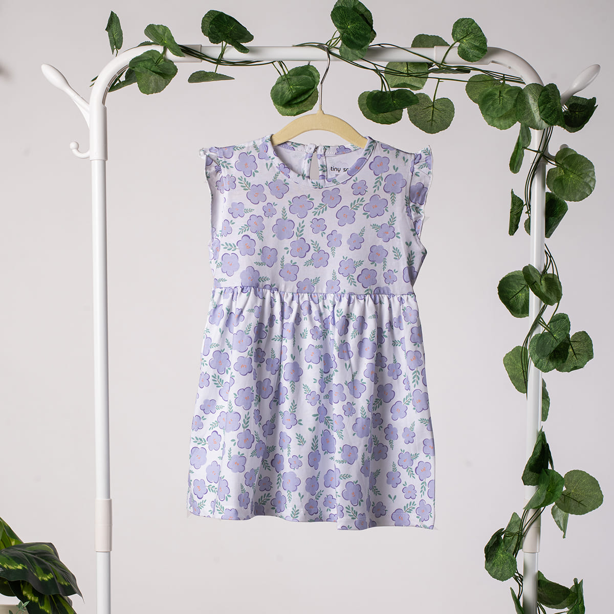 Girls Cotton Frock- Green & Purple Flowers- Pack of 2