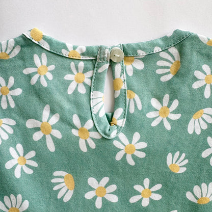 Girls Cotton Frock- Green Flowers