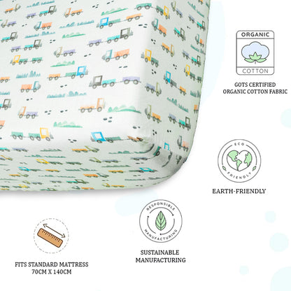 Organic Fitted Cot Sheet- Trucks