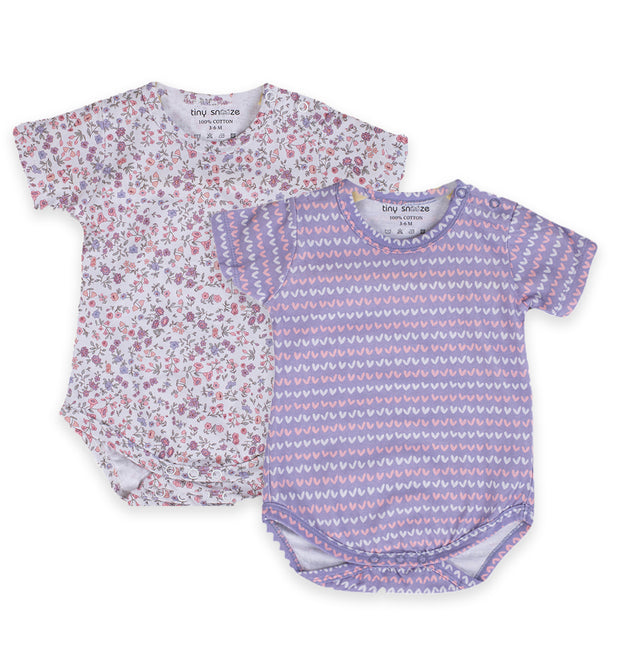 Cotton Bodysuits- Blossom & Purple Hearts- Pack of 2
